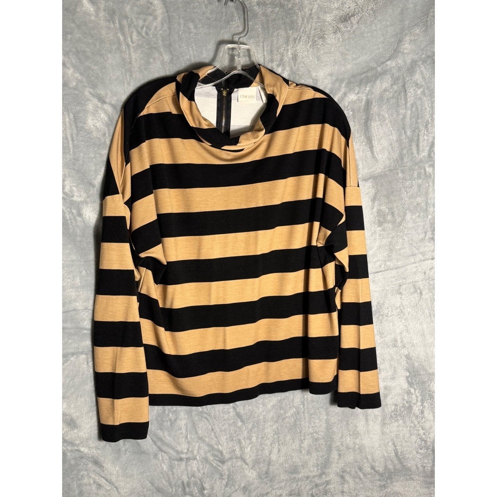 Chicos Striped‎ Funnel Neck Zip Top Camel Black Tan Long Sleeve Size 3 XL